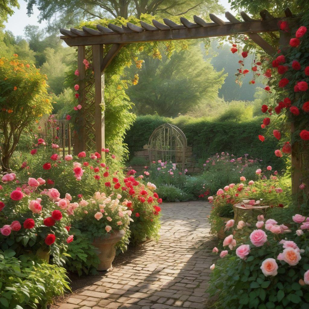 A picturesque garden filled with various heirloom roses in full bloom, showcasing their vibrant colors and unique textures. Include sunlight filtering through lush green leaves, with a gardener gently tending to the roses, surrounded by gardening tools and a quaint wooden trellis. The background features a soft, dreamy landscape with distant hills. Emphasize the beauty and sustainability of the roses. super-realistic. vibrant colors. soft-focus background.