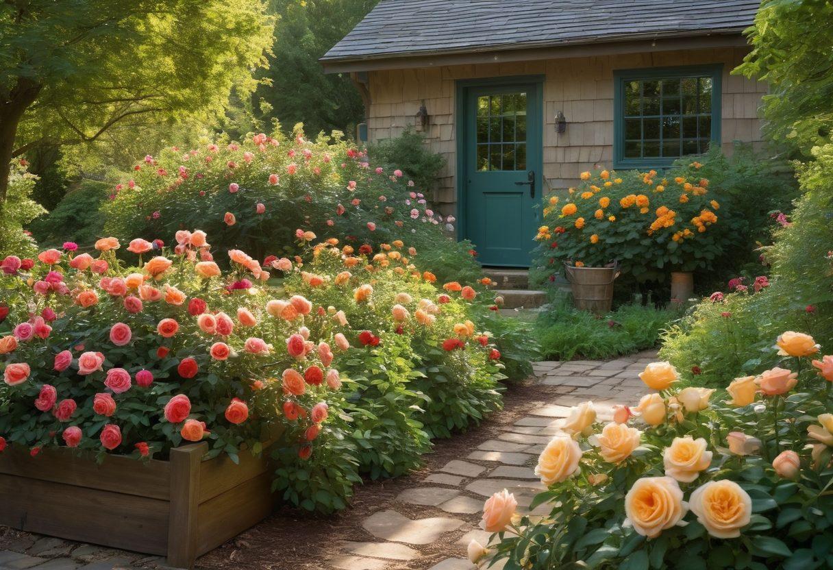 A serene garden scene showcasing vibrant heirloom roses in full bloom, surrounded by lush green leaves and organic gardening tools. Include a gardener gently tending to the roses, with sunlight filtering through the trees, and a compost bin in the background. The atmosphere should convey tranquility and sustainability. vibrant colors. super-realistic.