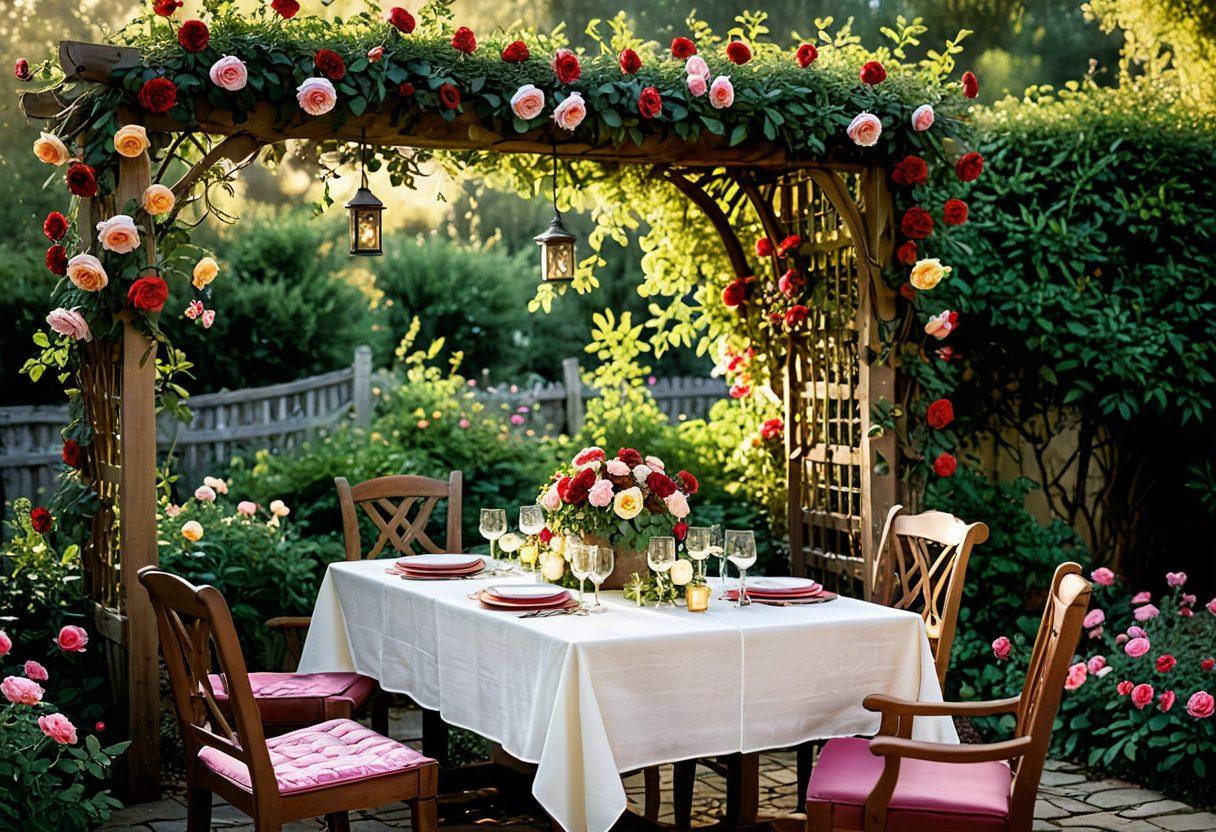 A stunning home garden overflowing with vibrant, heritage roses in various colors and arrangements. Showcase creative floral designs, including a trellis adorned with climbing roses and a rustic wooden table displaying elegant flower bouquets. Soft sunlight filtering through lush greenery enhances the enchanting atmosphere. Include delicate butterflies fluttering around the flowers. super-realistic. vibrant colors. soft focus.